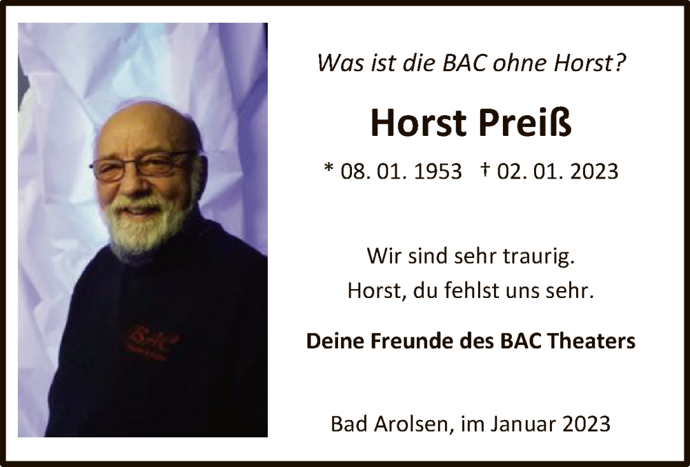  Traueranzeige für Horst Preiß vom 21.01.2023 aus WLZ