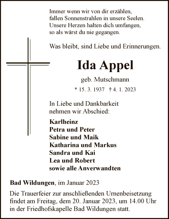 Traueranzeige von Ida Appel von WLZ