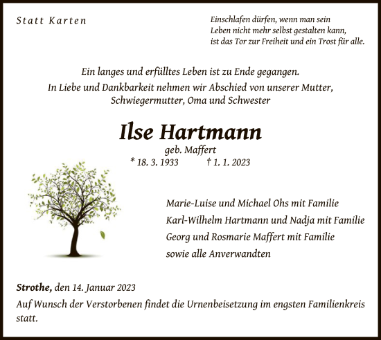 Traueranzeige von Ilse Hartmann von WLZ