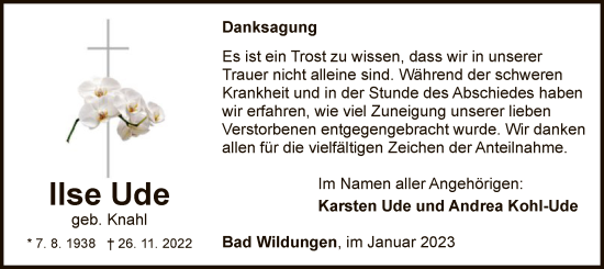 Traueranzeige von Ilse Ude von WLZ