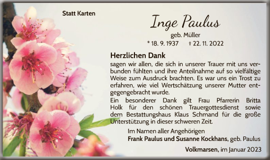 Traueranzeige von Inge Paulus von WLZ