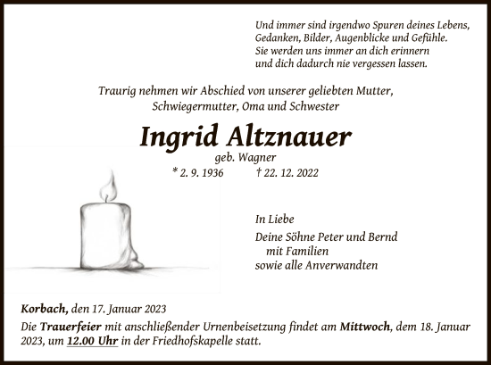 Traueranzeige von Ingrid Altzenauer von WLZ
