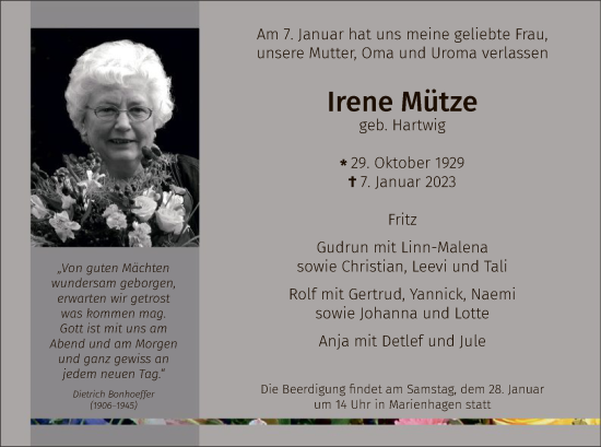 Traueranzeige von Irene Mütze von WLZ