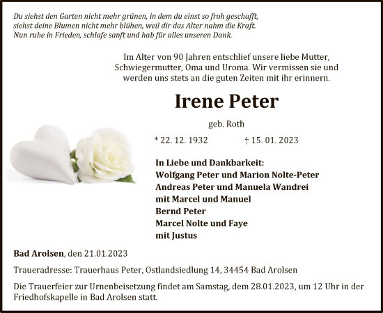 Traueranzeige von Irene Peter von WLZ