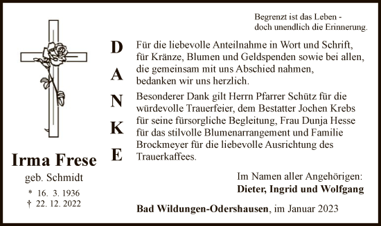 Traueranzeige von Irma Frese von WLZ