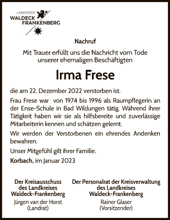 Traueranzeige von Irma Frese von WLZ