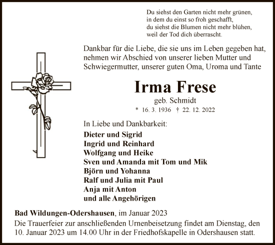 Traueranzeige von Irma Frese von WLZ