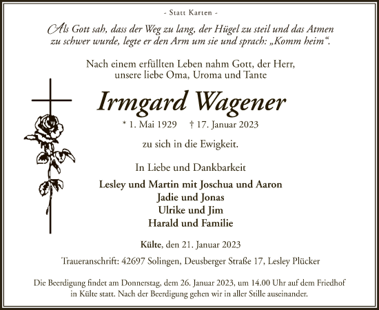 Traueranzeige von Irmgard Wagener von WLZ