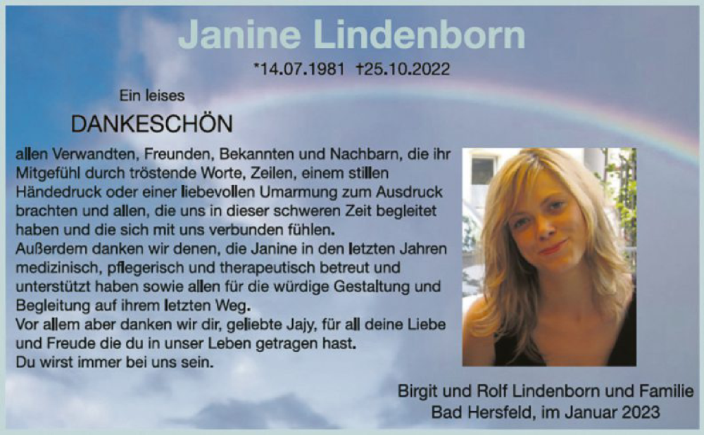  Traueranzeige für Janine Lindenborn vom 07.01.2023 aus WLZ