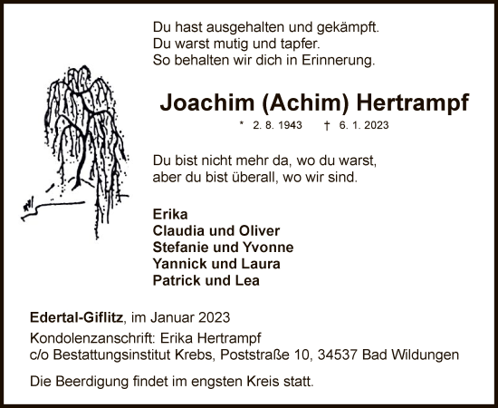 Traueranzeige von Joachim Hertrampf von WLZ