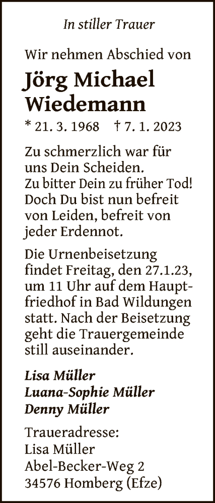 Traueranzeige von Jörg Michael Wiedemann von WLZ