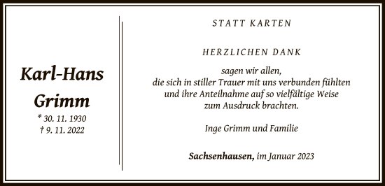 Traueranzeige von Karl-Hans Grimm von WLZ