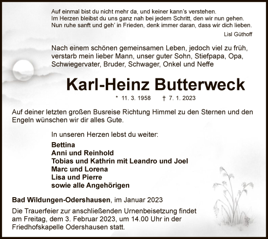 Traueranzeige von Karl-Heinz Butterweck von WLZ