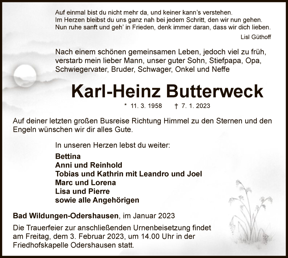  Traueranzeige für Karl-Heinz Butterweck vom 28.01.2023 aus WLZ