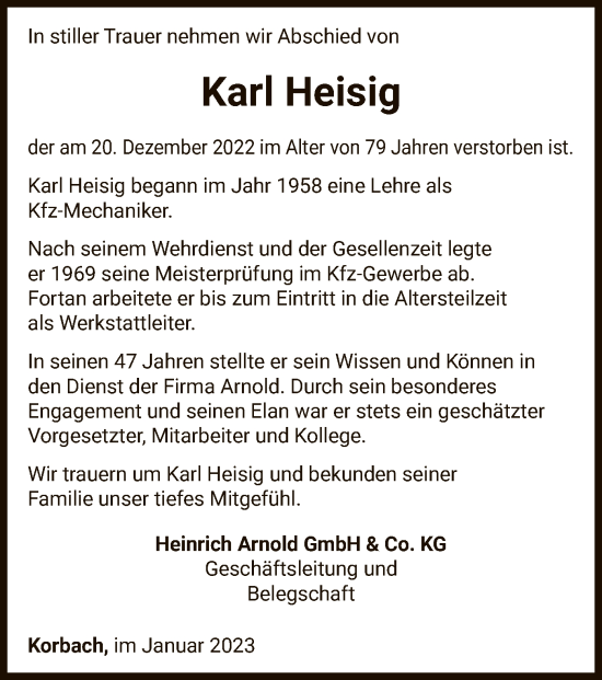 Traueranzeige von Karl Heisig von WLZ