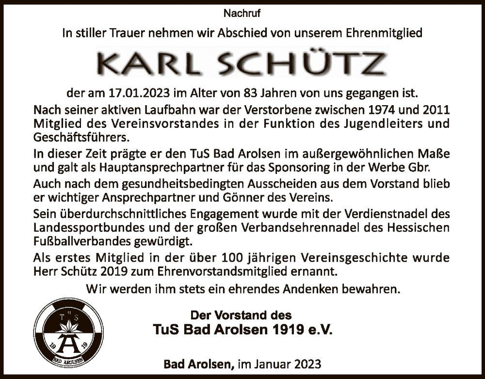  Traueranzeige für Karl Schütz vom 21.01.2023 aus WLZ