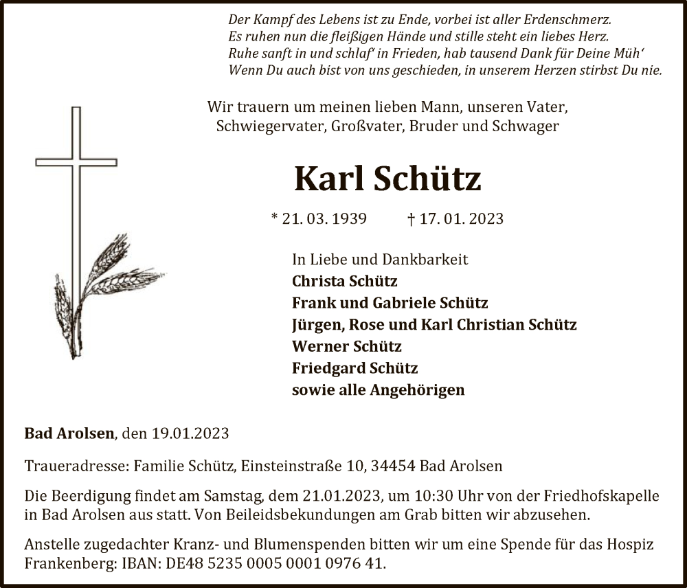  Traueranzeige für Karl Schütz vom 19.01.2023 aus WLZ
