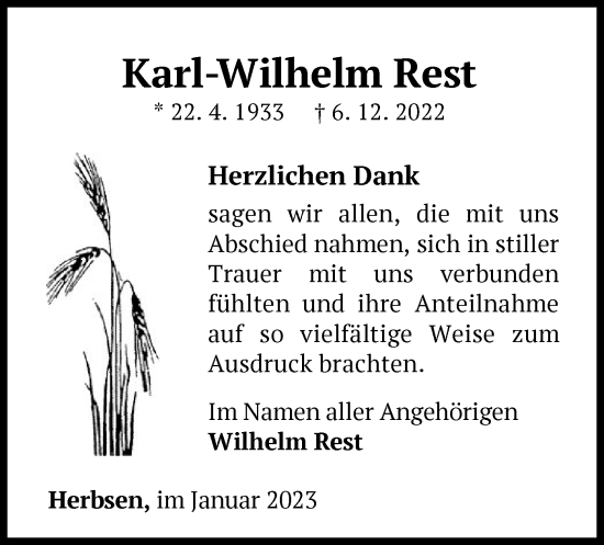 Traueranzeige von Karl Wilhelm Rest von WLZ