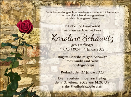 Traueranzeige von Karoline Schäwitz von WLZ