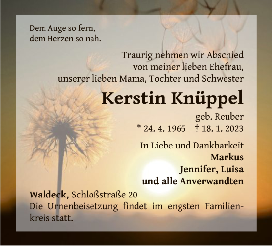 Traueranzeige von Kerstin Knüppel von WLZ