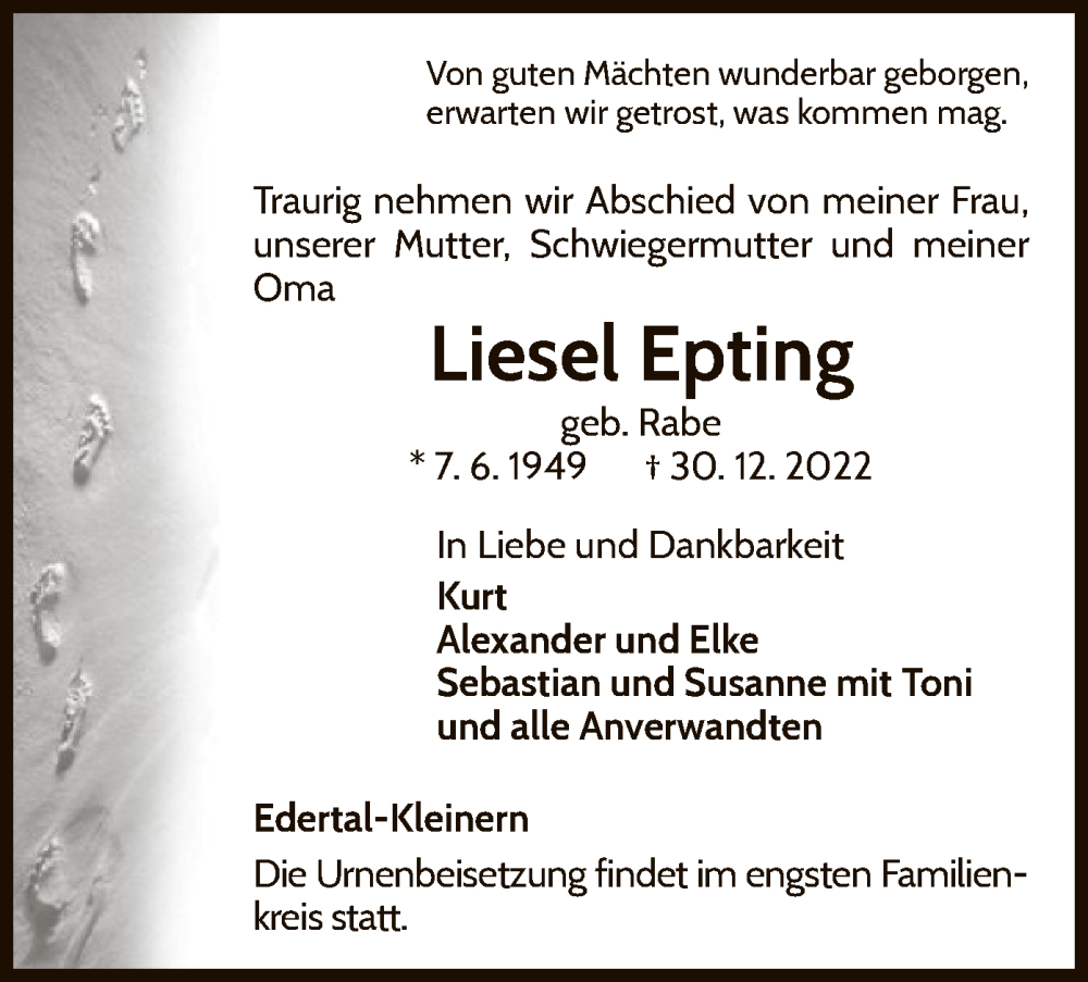  Traueranzeige für Liesel Epting vom 07.01.2023 aus WLZ