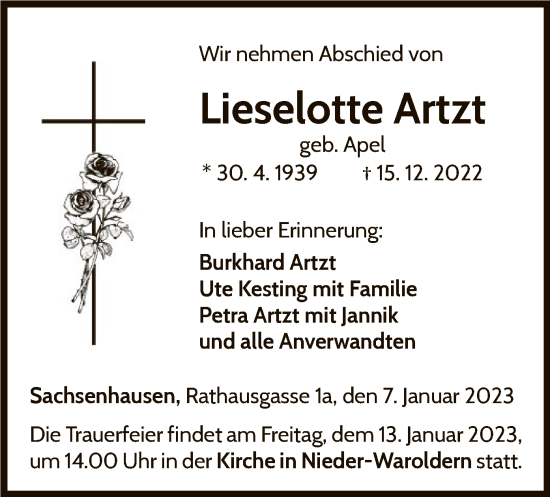 Traueranzeige von Lieselotte Artzt von WLZ