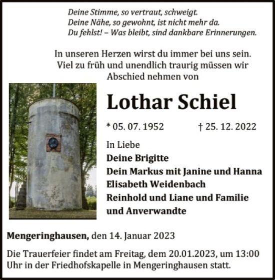 Traueranzeige von Lothar Schiel von WLZ