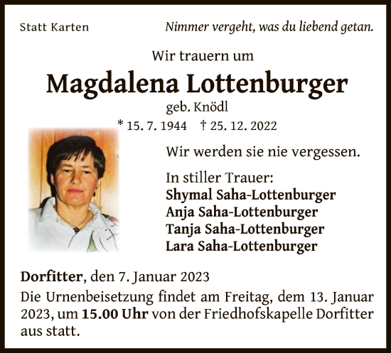 Traueranzeige von Magdalena Lottenburger von WLZ