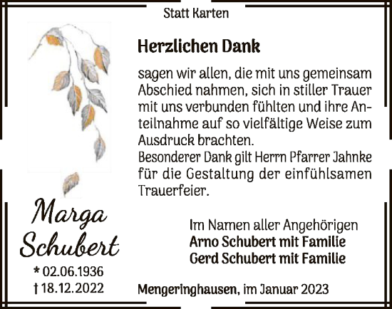 Traueranzeige von Marga Schubert von WLZ