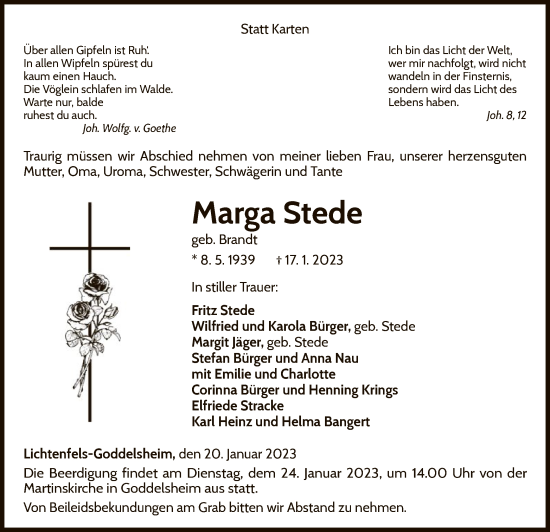 Traueranzeige von Marga Stede von WLZ