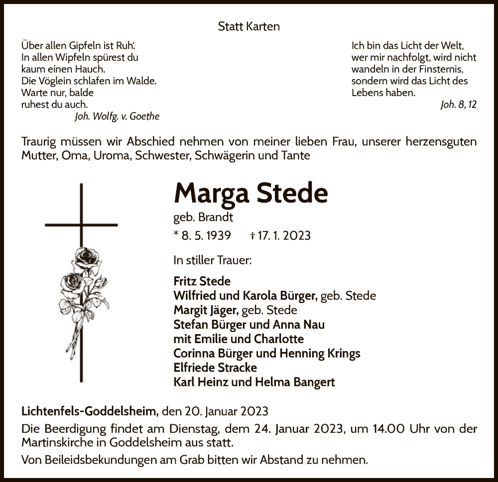  Traueranzeige für Marga Stede vom 20.01.2023 aus WLZ