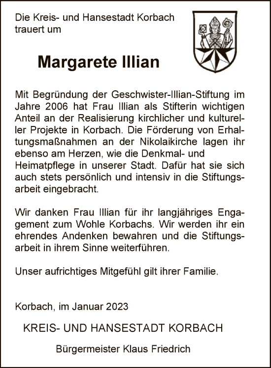 Traueranzeige von Margarete Illian von WLZ