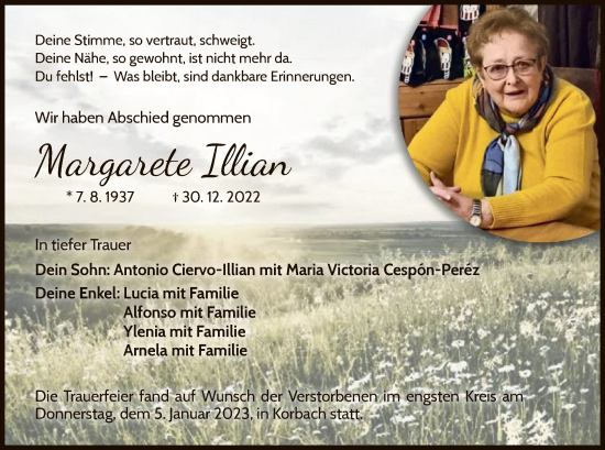 Traueranzeige von Margarete Illian von WLZ