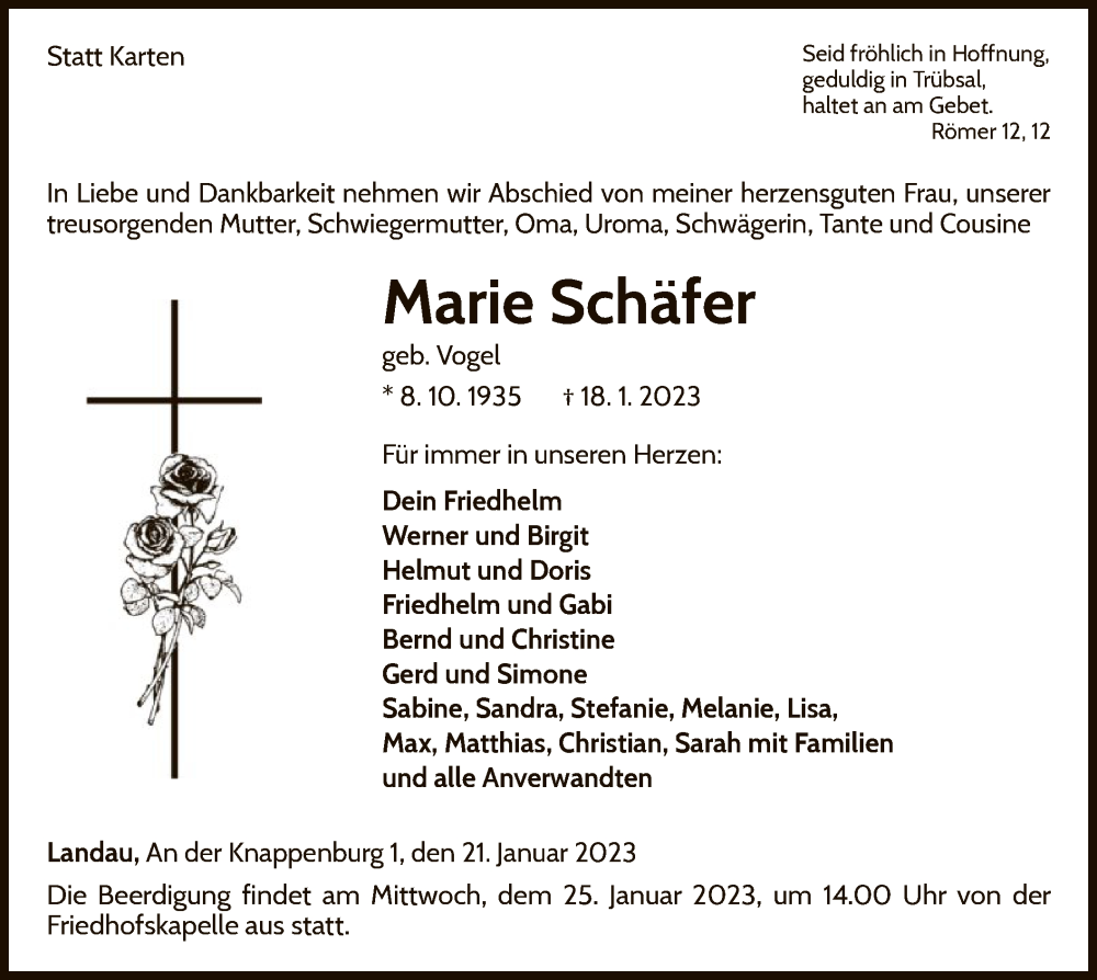  Traueranzeige für Marie Schäfer vom 21.01.2023 aus WLZ