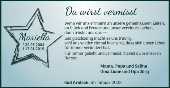Traueranzeige von Mariella Dorl von WLZ