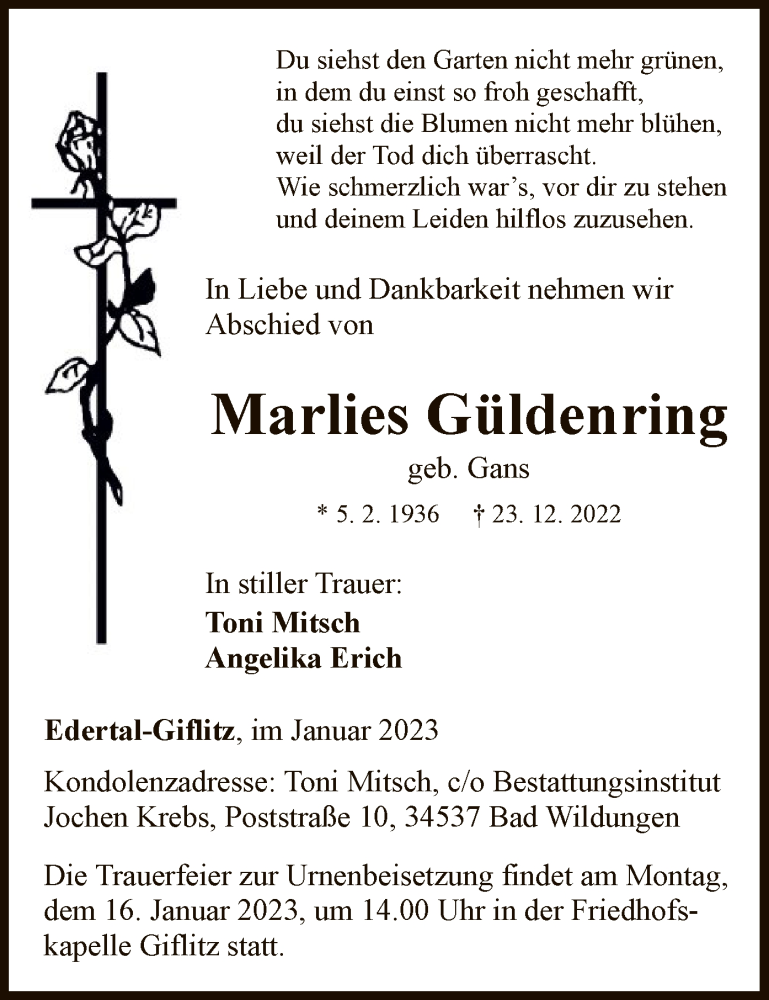  Traueranzeige für Marlies Güldenring vom 11.01.2023 aus WLZ