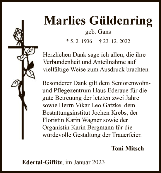 Traueranzeige von Marlies Güldenring von WLZ