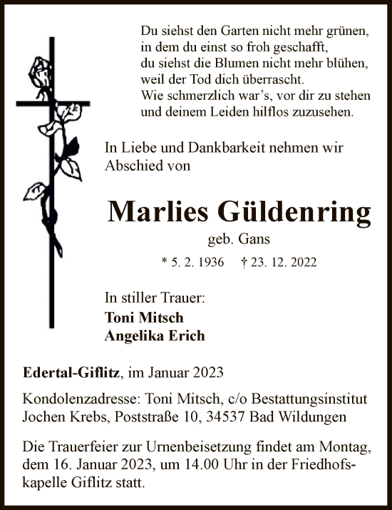 Traueranzeige von Marlies Güldenring von WLZ