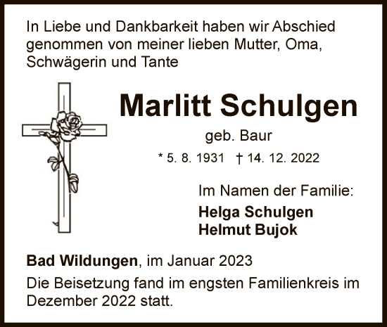 Traueranzeige von Marlitt Schulgen von WLZ