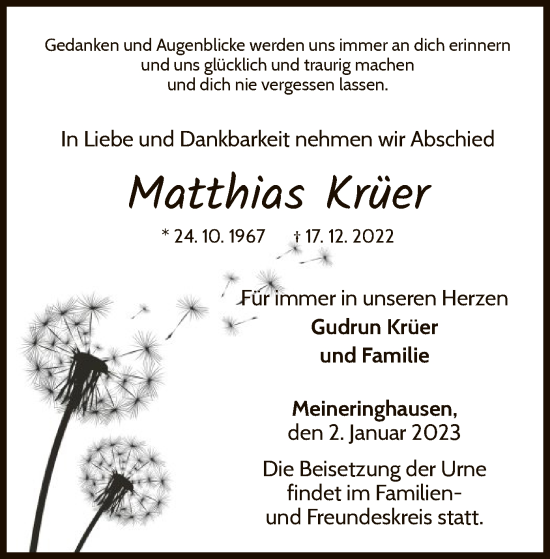 Traueranzeige von Matthias Krüer von WLZ