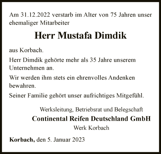 Traueranzeige von Mustafa Dimdik von WLZ