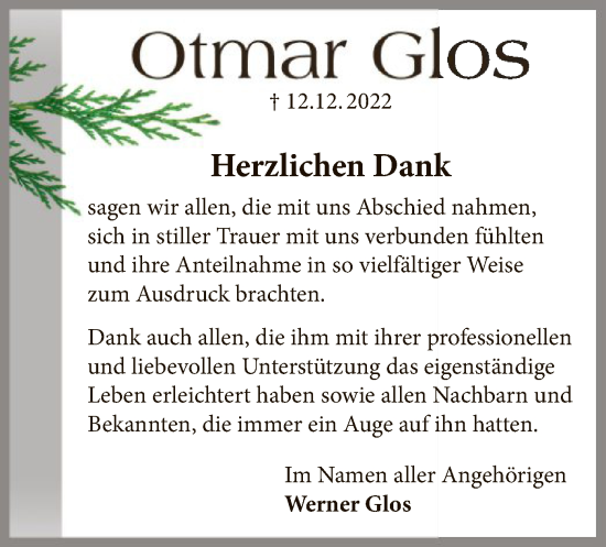 Traueranzeige von Otmar Glos von WLZ