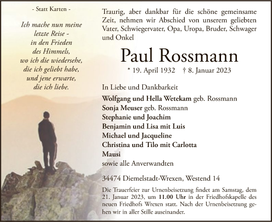 Traueranzeige von Paul Rossmann von WLZ