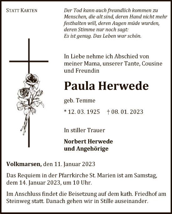 Traueranzeige von Paula Herwede von WLZ