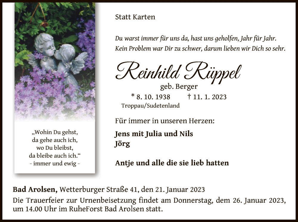  Traueranzeige für Reinhild Rüppel vom 21.01.2023 aus WLZ