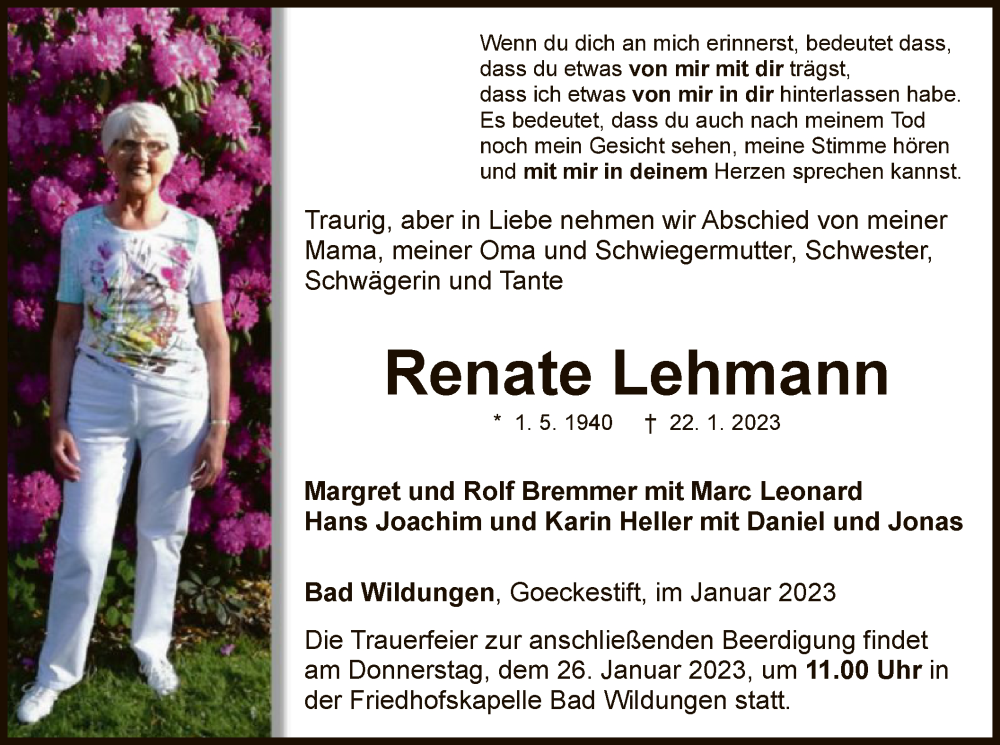  Traueranzeige für Renate Lehmann vom 25.01.2023 aus WLZ