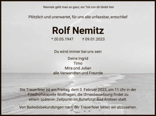 Traueranzeige von Rolf Neuritz von HNA