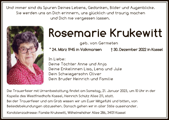 Traueranzeige von Rosemarie Krukewitt von HNA