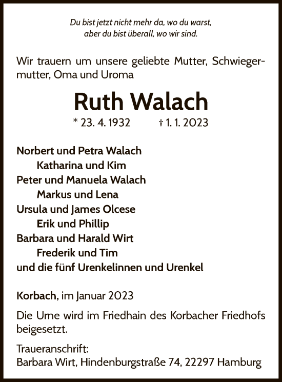 Traueranzeige von Ruth Walach von WLZ