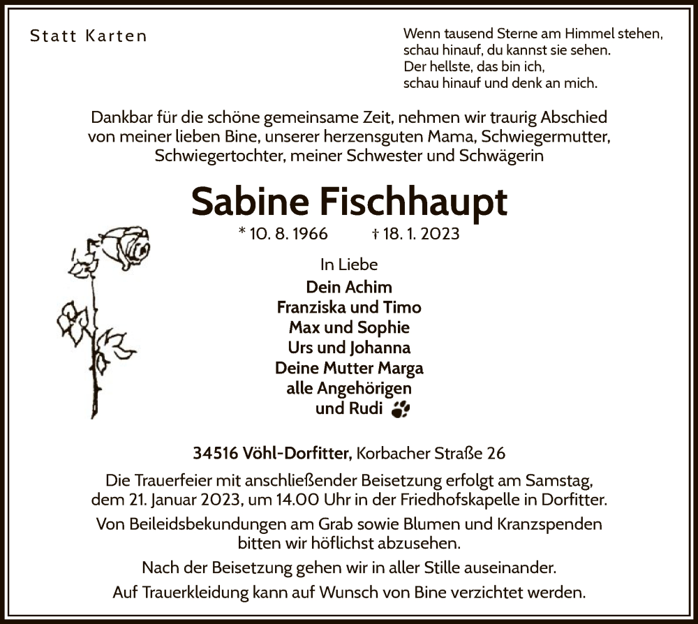  Traueranzeige für Sabine Fischhaupt vom 19.01.2023 aus WLZ